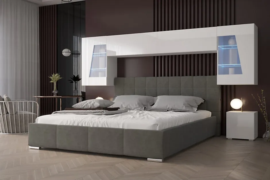 Azura Home Design Tête de lit avec rangement Armoire - pont de lit PANAMA 11HG/W/2-1B blanc/blanc brillant 282x91x35cm