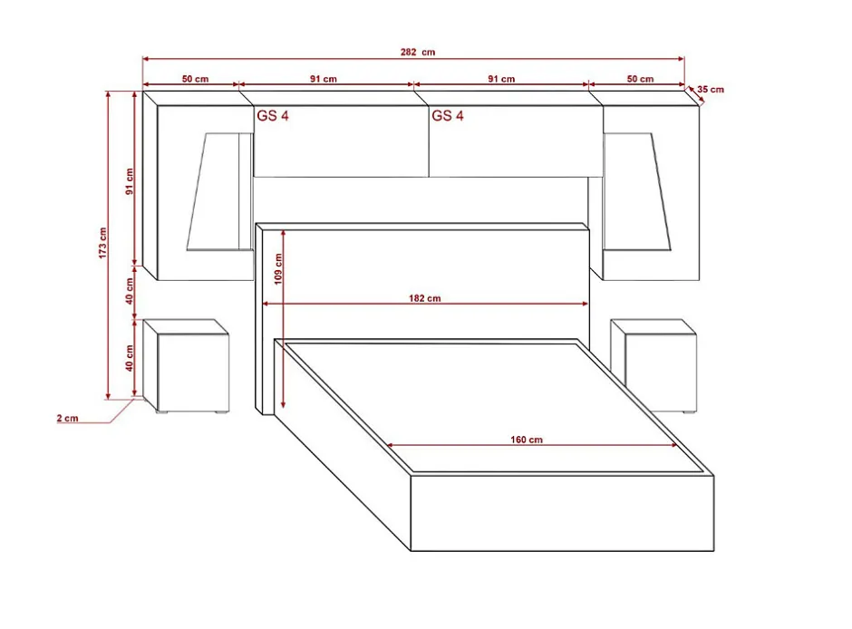 Azura Home Design Tête de lit avec rangement Armoire - pont de lit PANAMA 11HG/W/2-1B blanc/blanc brillant 282x91x35cm