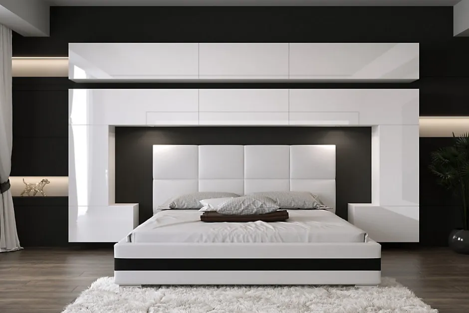 Azura Home Design Tête de lit avec rangement Armoire - pont de lit PANAMA 5/HG/W/2-1C blanc/blanc brillant 300x214x35cm