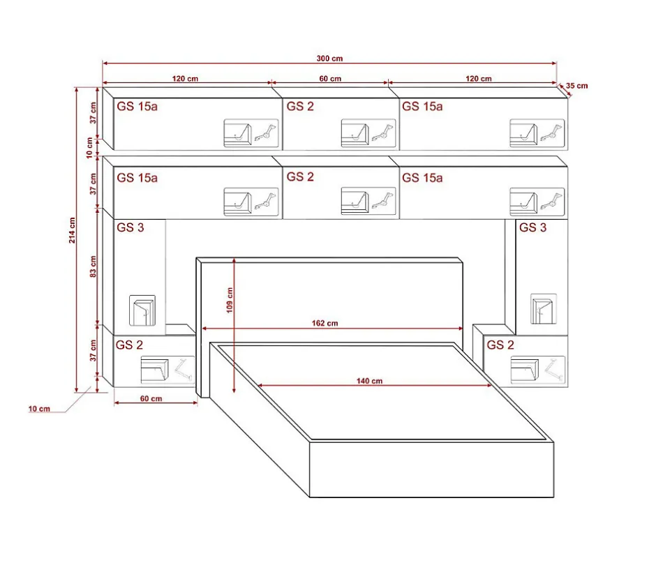 Azura Home Design Tête de lit avec rangement Armoire - pont de lit PANAMA 5/HG/W/2-1C blanc/blanc brillant 300x214x35cm