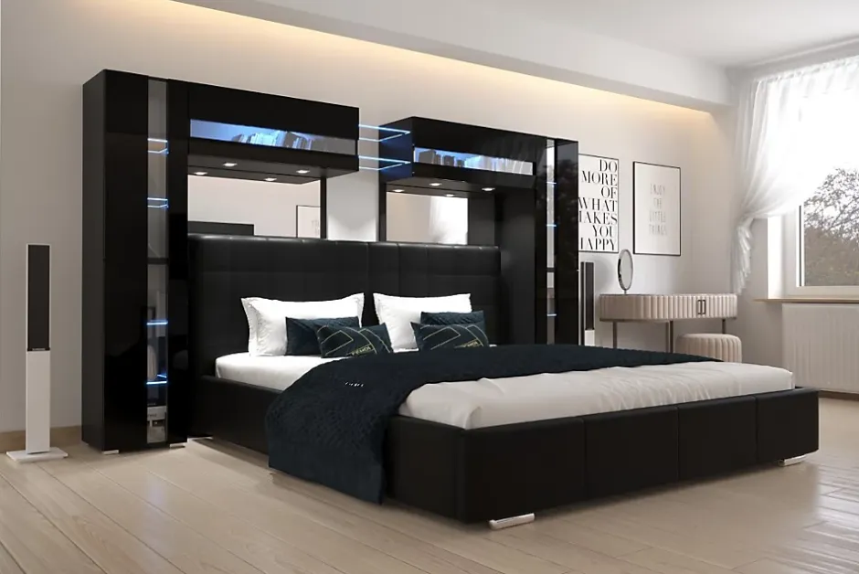 Azura Home Design Tête de lit avec rangement Armoire - pont de lit PANAMA 14/HG/B/1-1C noir/noir brillant 290x184x35cm Online