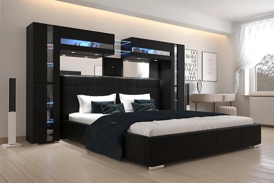 Azura Home Design Tête de lit avec rangement Armoire - pont de lit PANAMA 14/HG/B/1-1C noir/noir brillant 290x184x35cm Online