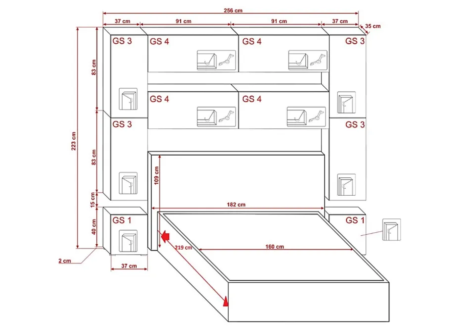 Azura Home Design Tête de lit avec rangement Armoire - pont de lit PANAMA 4/HG/W/2-1A blanc/blanc brillant 256x223x35cm