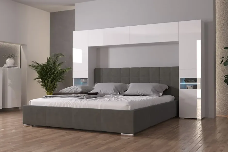 Azura Home Design Tête de lit avec rangement Armoire - pont de lit PANAMA 12/HG/W/1-1A blanc/blanc brillant 256x184x35cm Best