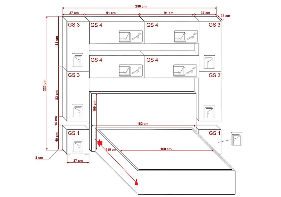 Azura Home Design Tête de lit avec rangement Armoire - pont de lit PANAMA 4/M/W/3-1A blanc 256x223x35cm