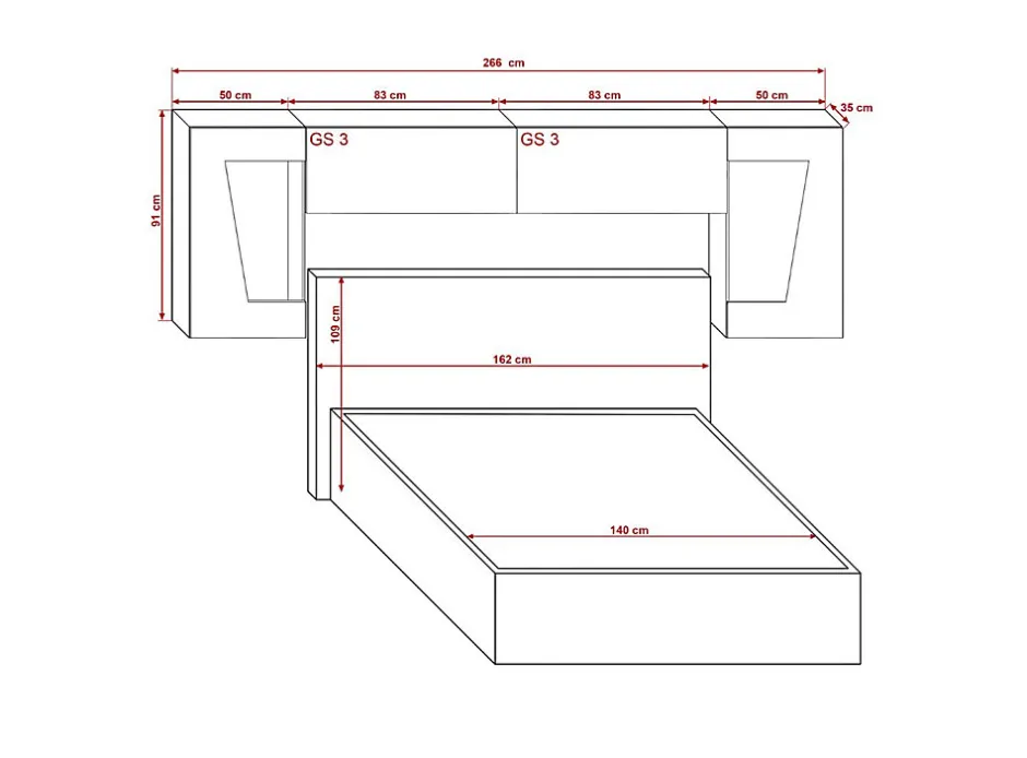 Azura Home Design Tête de lit avec rangement Armoire - pont de lit PANAMA 9HG/W/2-1B blanc/blanc brillant 266x91x35cm