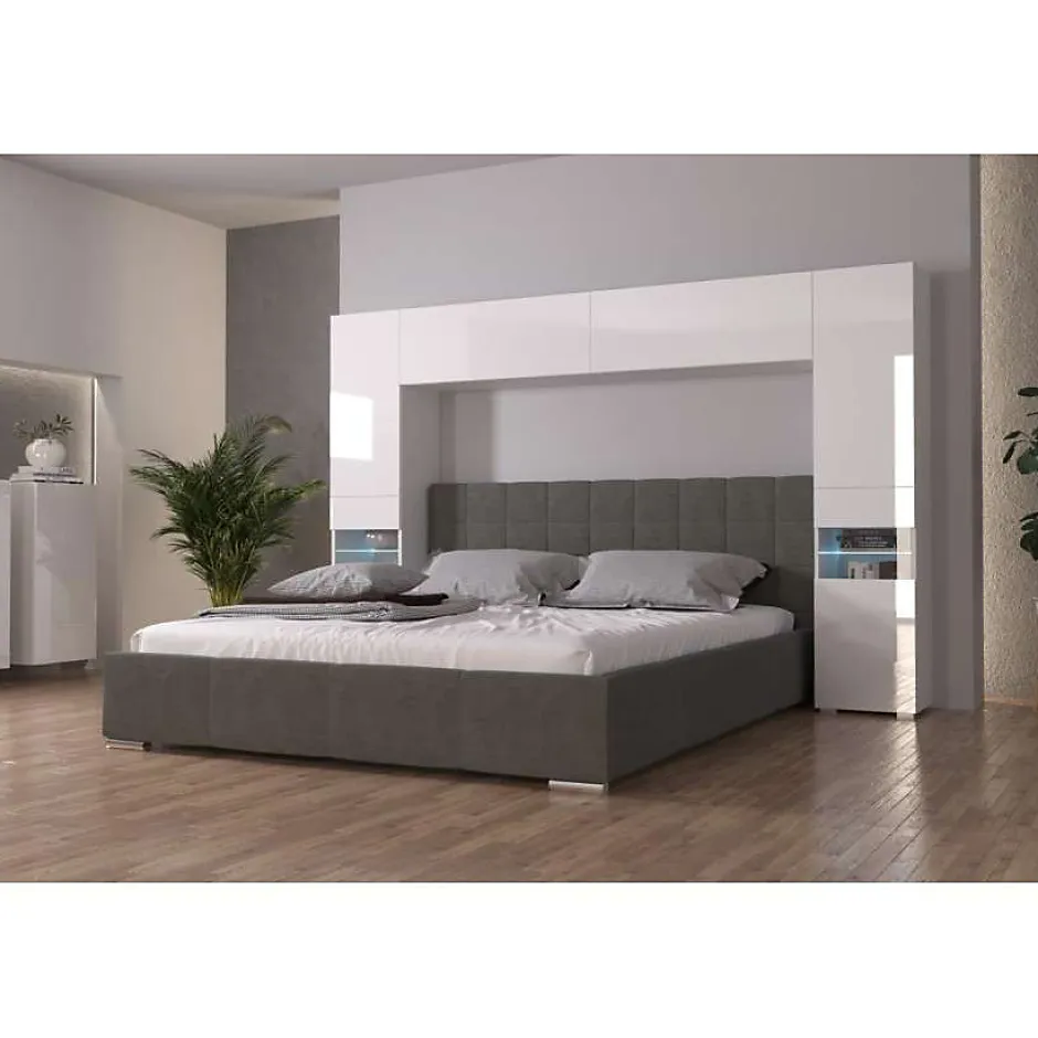 Azura Home Design Tête de lit avec rangement Armoire - pont de lit PANAMA 12HG/W/2-1B blanc/blanc brillant 240x184x35cm
