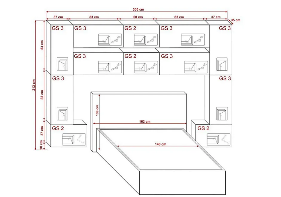 Azura Home Design Tête de lit avec rangement Armoire - pont de lit PANAMA 7/M/S/5-1C chêne sonoma 300x213x35cm
