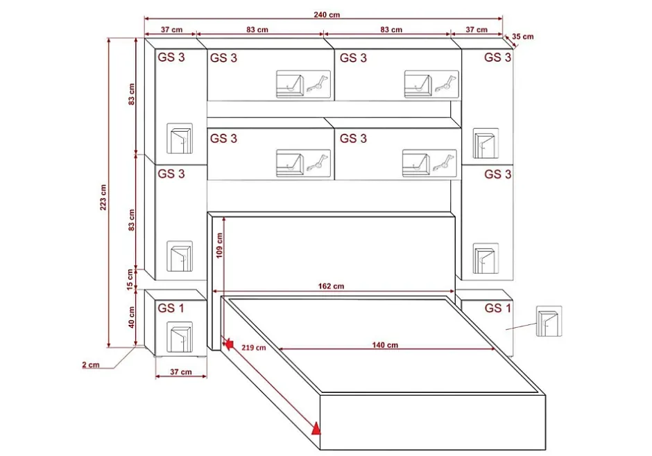 Azura Home Design Tête de lit avec rangement Armoire - pont de lit PANAMA 4/HG/W/2-1B blanc/blanc brillant 240x223x35cm
