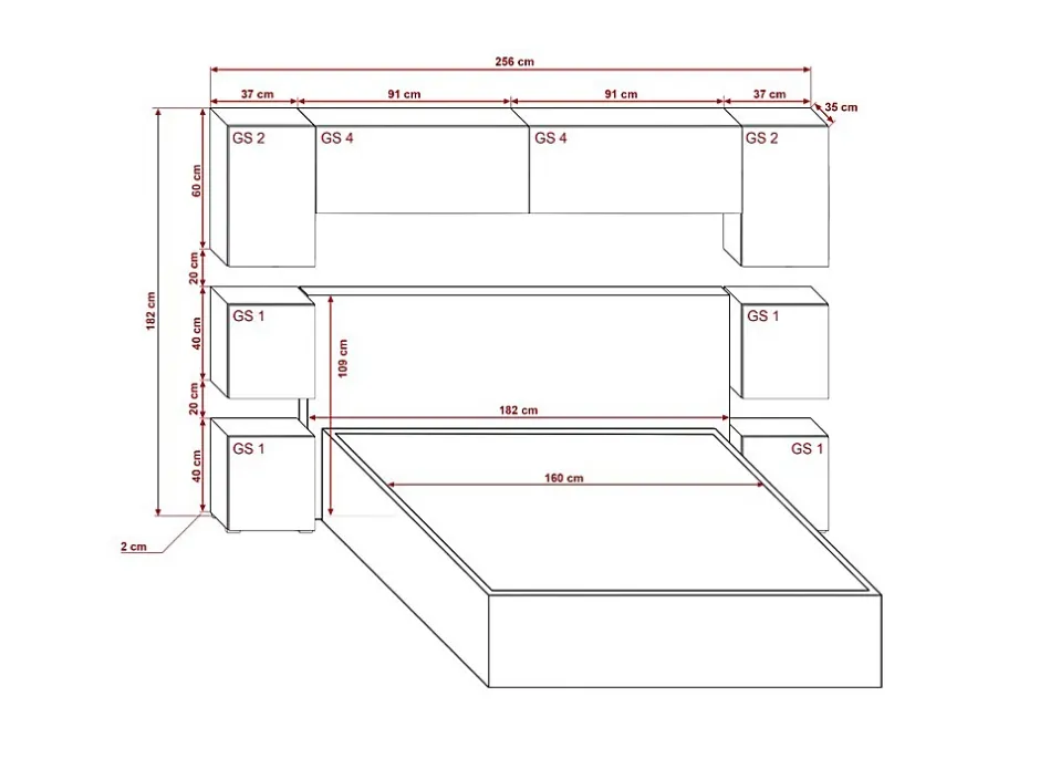 Azura Home Design Tête de lit avec rangement Armoire - pont de lit PANAMA 13/HG/W/1-1A blanc/blanc brillant 256x182x35cm