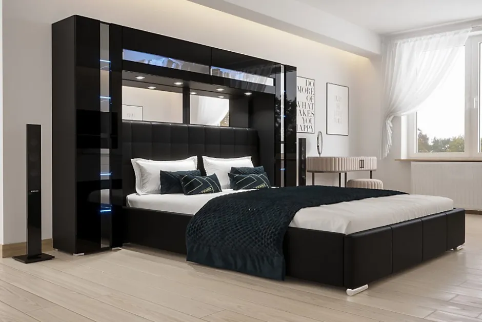 Azura Home Design Tête de lit avec rangement Armoire - pont de lit PANAMA 14-HG-B-1-1A noir/noir brillant 256x184x35cm
