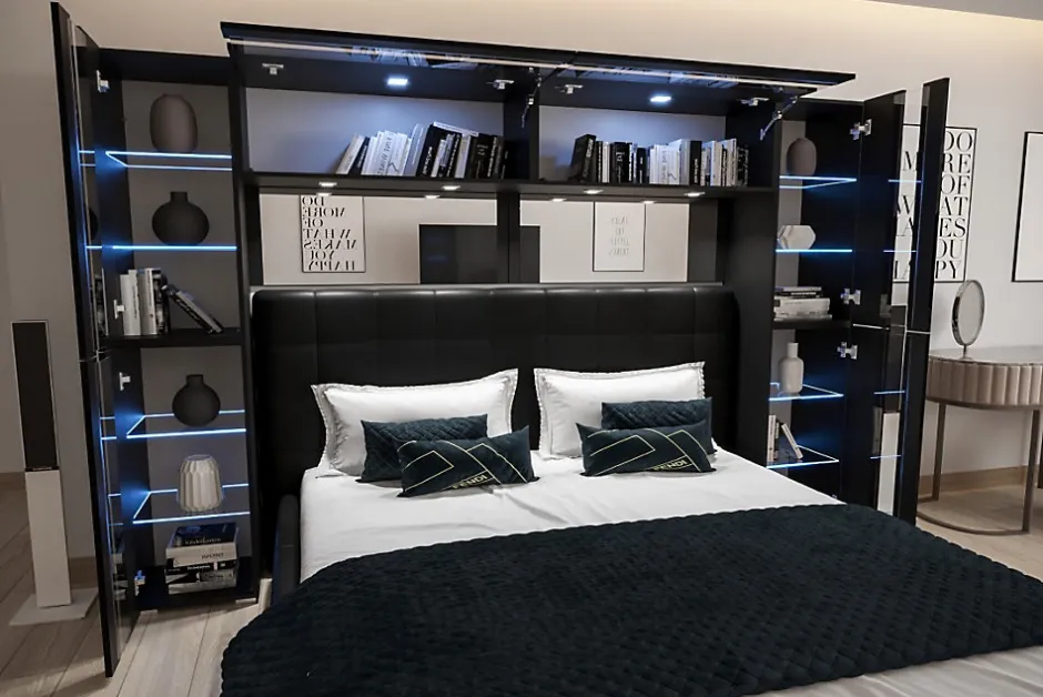 Azura Home Design Tête de lit avec rangement Armoire - pont de lit PANAMA 14-HG-B-1-1A noir/noir brillant 256x184x35cm