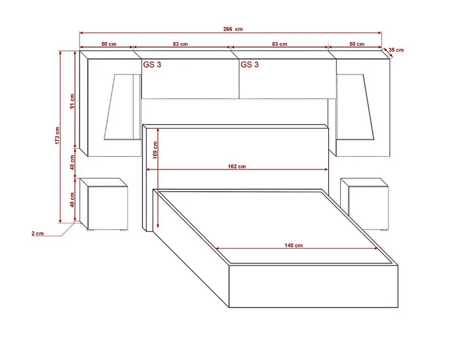 Azura Home Design Tête de lit avec rangement Armoire - pont de lit PANAMA 11/HG/W/1-1A blanc/blanc brillant 266x91x35cm