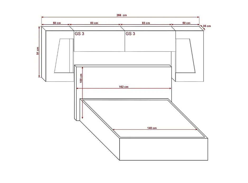 Azura Home Design Tête de lit avec rangement Armoire - pont de lit PANAMA 10HG/W/2-1B blanc/blanc brillant 266x91x35cm Discount
