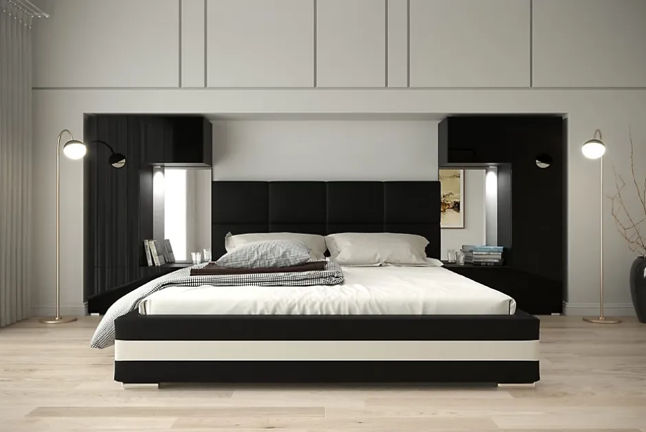 Azura Home Design Tête de lit avec rangement Armoire - pont de lit PANAMA 1/21B/HG1 noir/noir brillant 345-385x159cm New