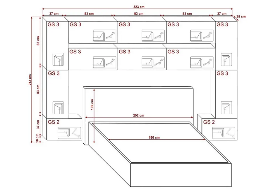 Azura Home Design Tête de lit avec rangement Armoire - pont de lit PANAMA 7/M/S/5-1A chêne sonoma 323x213x35cm Online