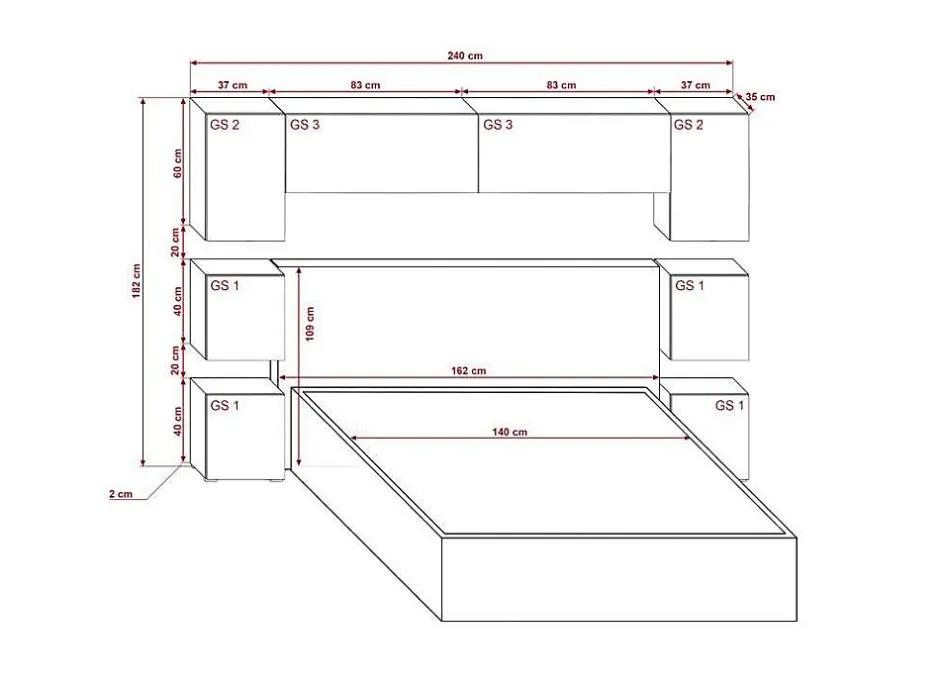 Azura Home Design Tête de lit avec rangement Armoire - pont de lit PANAMA 13/HG/W/2-1B blanc/blanc brillant 240x182x35cm