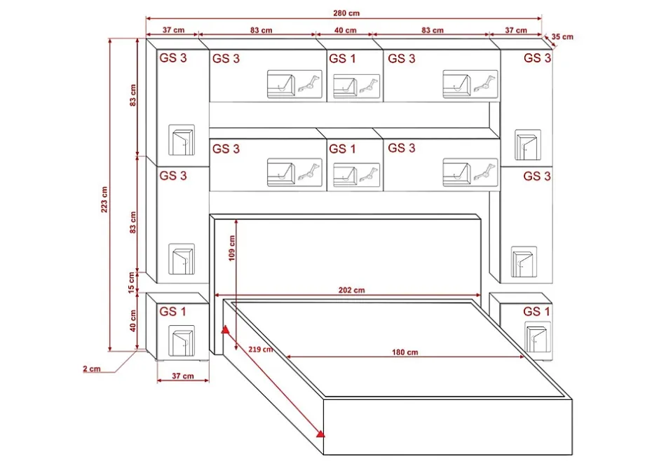 Azura Home Design Tête de lit avec rangement Armoire - pont de lit PANAMA 4/HG/W/2-1C blanc/blanc brillant 280x223x35cm Best