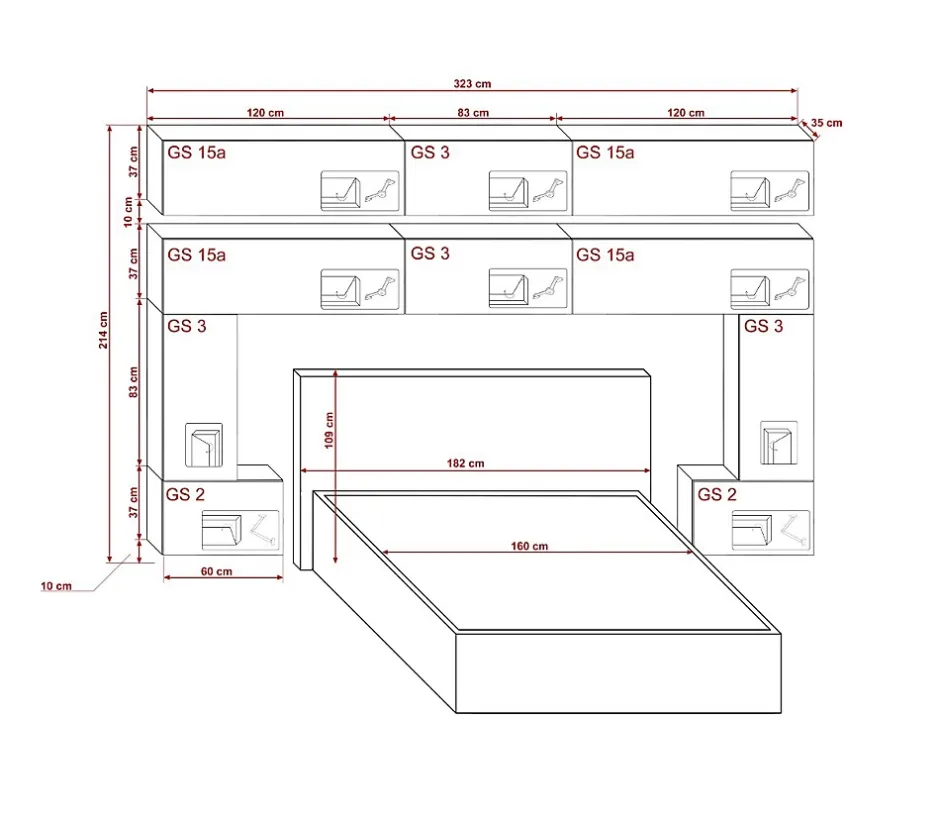 Azura Home Design Tête de lit avec rangement Armoire - pont de lit PANAMA 5/HG/W/2-1A blanc/blanc brillant 323x214x35cm New