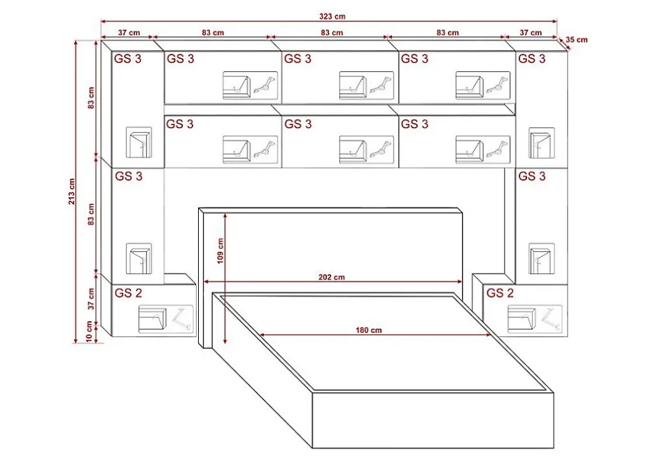 Azura Home Design Tête de lit avec rangement Armoire - pont de lit PANAMA 7/HG/W/2-1A blanc/blanc brillant 323x213x35cm