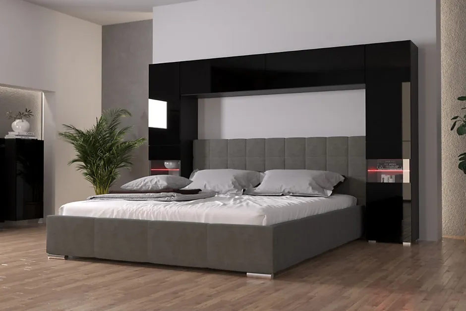 Azura Home Design Tête de lit avec rangement Armoire - pont de lit PANAMA 12/HG/B/1-1A noir/noir brillant 256x184x35cm