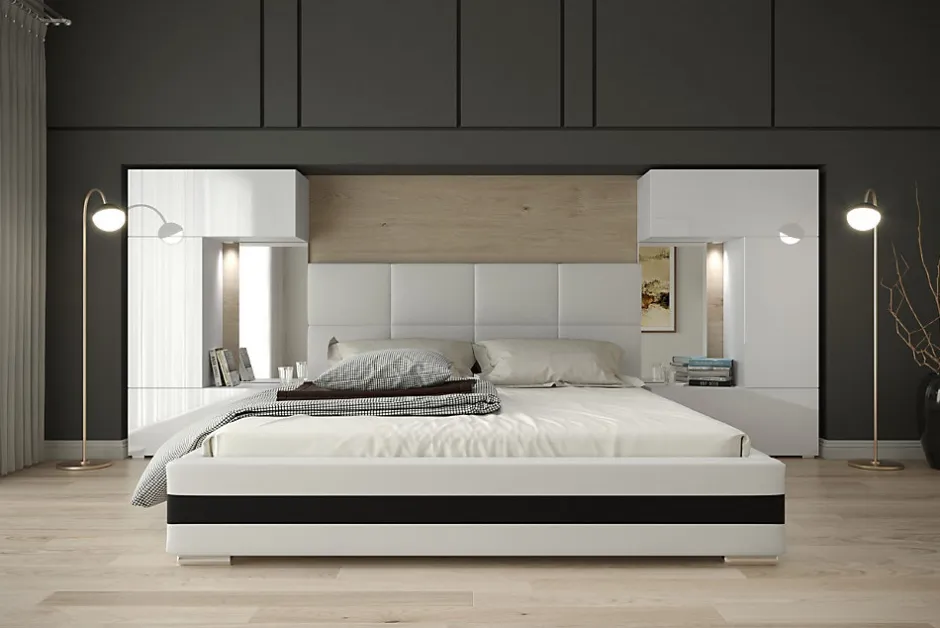 Azura Home Design Tête de lit avec rangement Armoire - pont de lit PANAMA 1/21W/HG2 blanc/blanc brillant 345-385x159cm