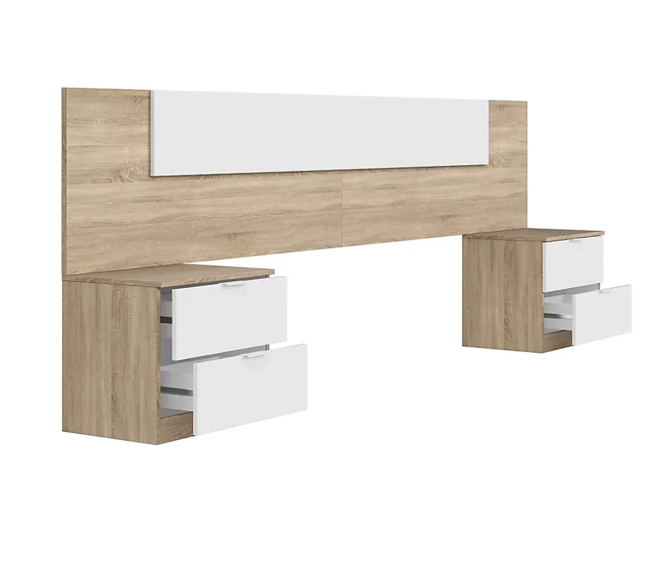 Pegane Tête de lit en mélamine avec 2 chevets coloris chêne canadian blanc artik - Hauteur 95 x Longueur 247 cm x Profondeur 38 cm Discount