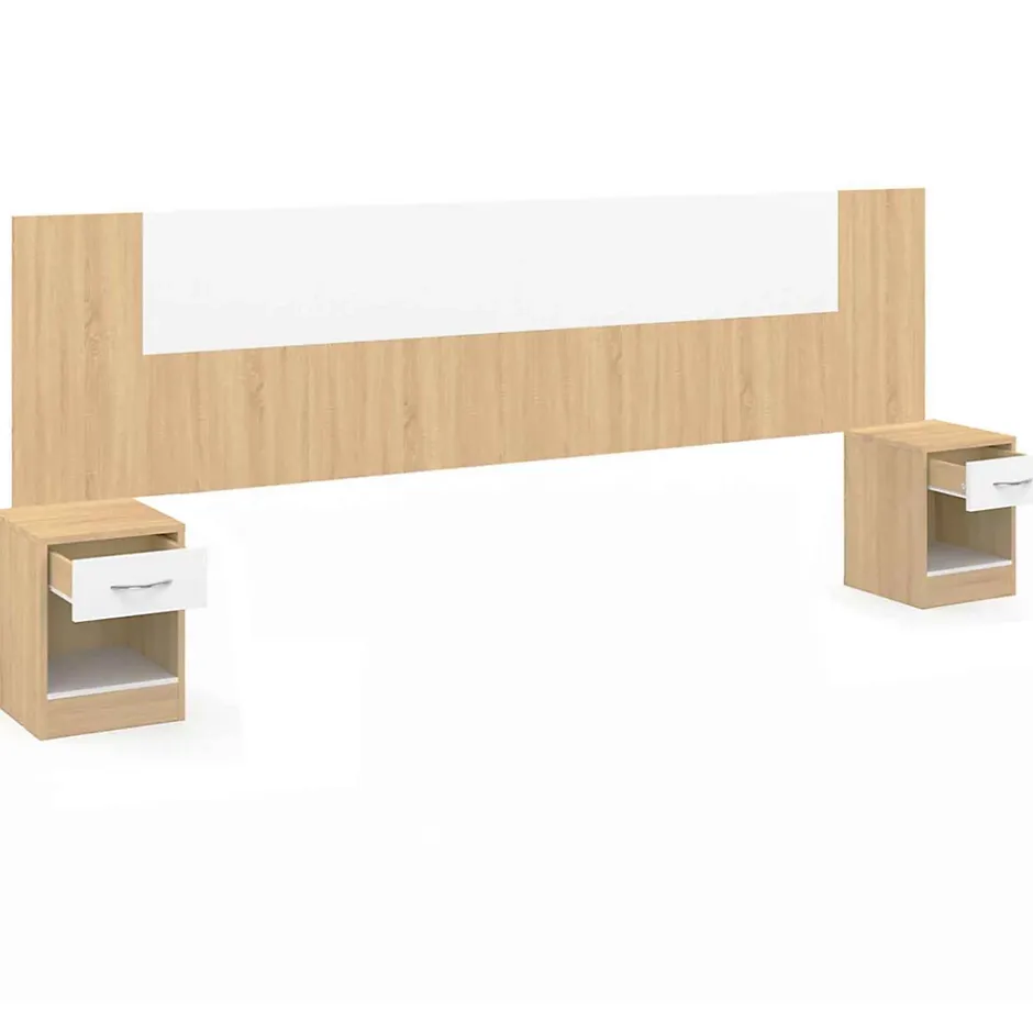 IDMarket Tête de lit sur pied avec chevets modulables SAPA pour lit 140, 160 ou 180 cm bois et blanc Outlet