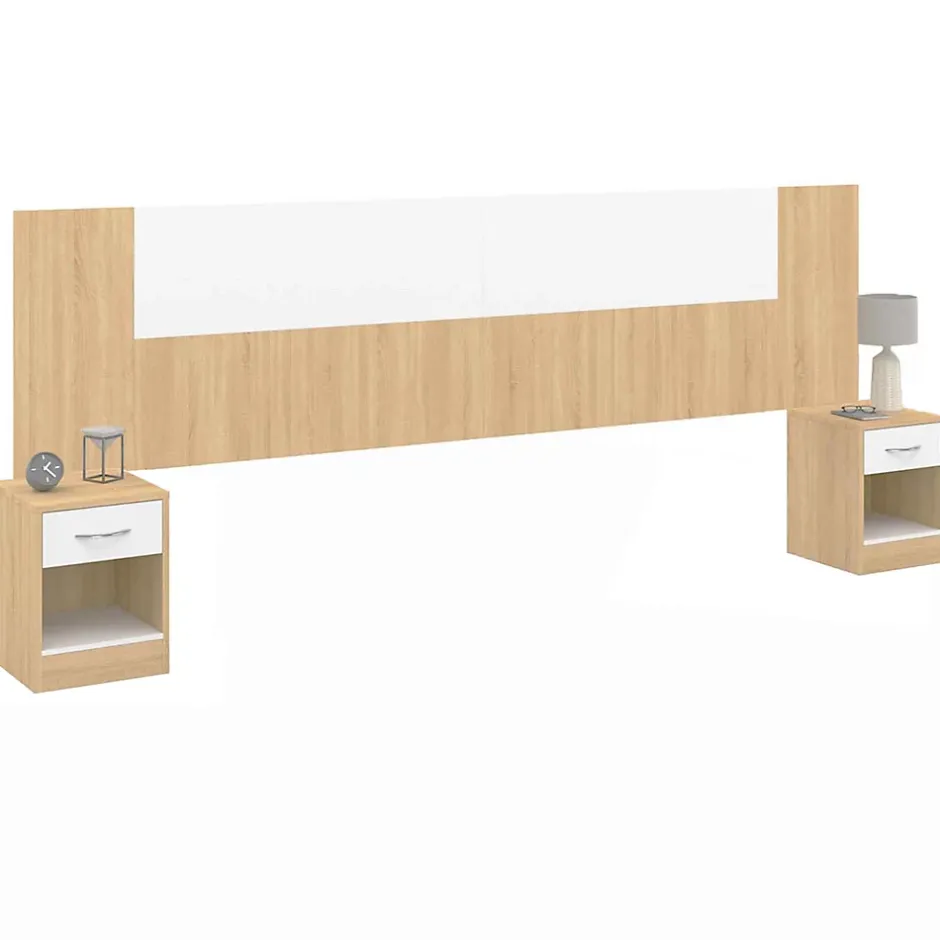 IDMarket Tête de lit sur pied avec chevets modulables SAPA pour lit 140, 160 ou 180 cm bois et blanc Outlet