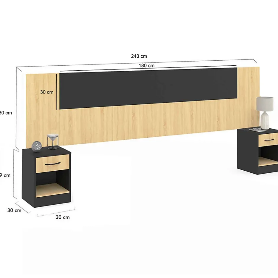 IDMarket Tête de lit sur pied avec chevets modulables SAPA pour lit 140, 160 ou 180 cm bois et noir Best