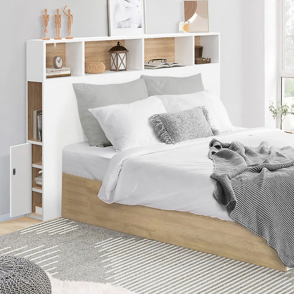 IDMarket Tête de lit sur pied CLEO 145 cm avec rangements fermés et niches blanc et façon hêtre