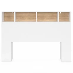 IDMarket Tête de lit sur pied CLEO 145 cm avec rangements fermés et niches blanc et façon hêtre