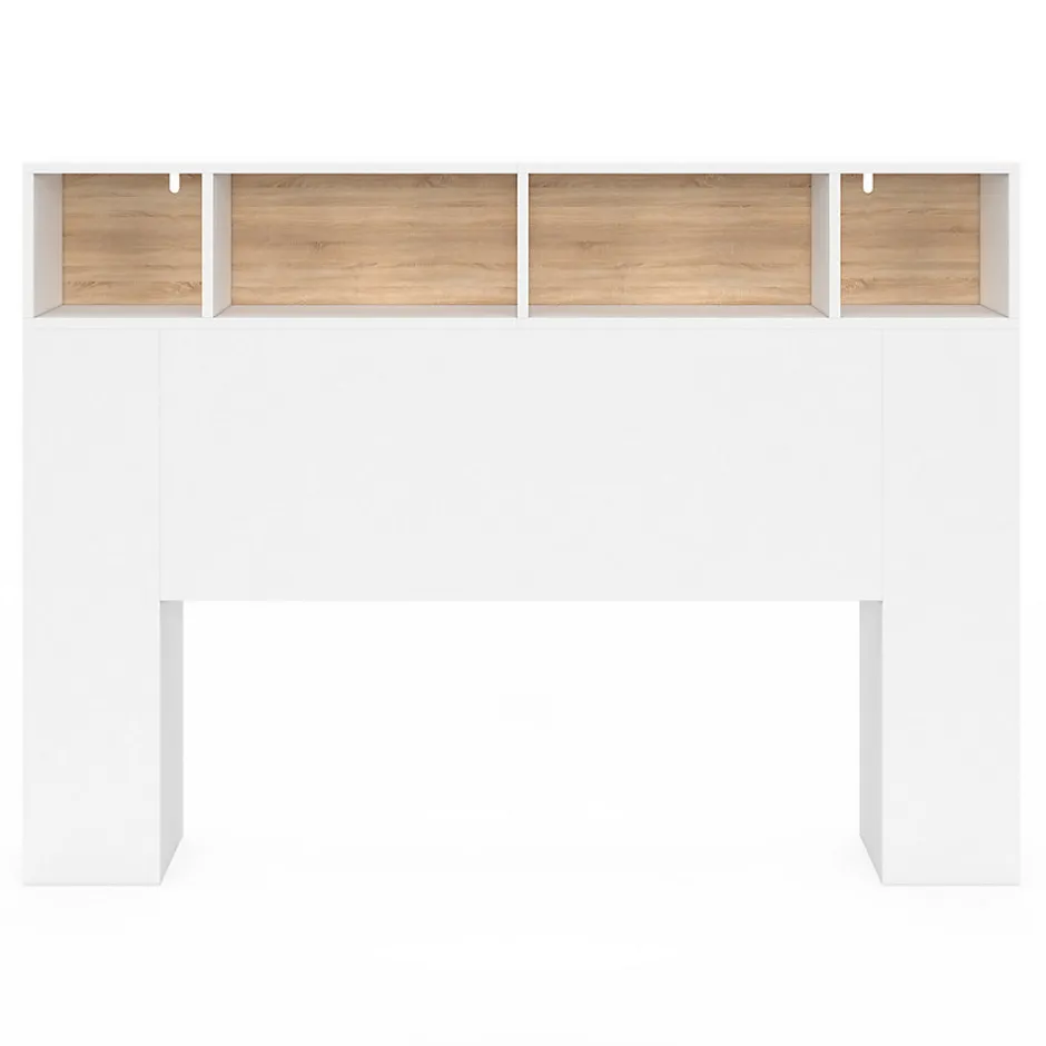 IDMarket Tête de lit sur pied CLEO 145 cm avec rangements fermés et niches blanc et façon hêtre