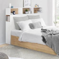 IDMarket Tête de lit sur pied CLEO 145 cm avec rangements fermés et niches blanc et façon hêtre