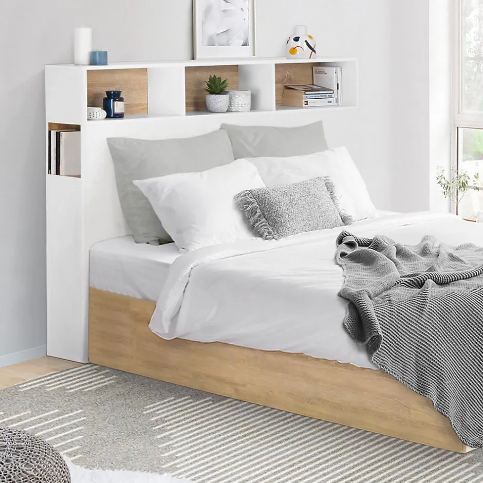 IDMarket Tête de lit sur pied CLEO 145 cm avec rangements fermés et niches blanc et façon hêtre
