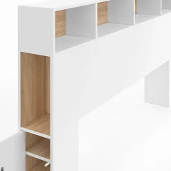 IDMarket Tête de lit sur pied CLEO 145 cm avec rangements fermés et niches blanc et façon hêtre