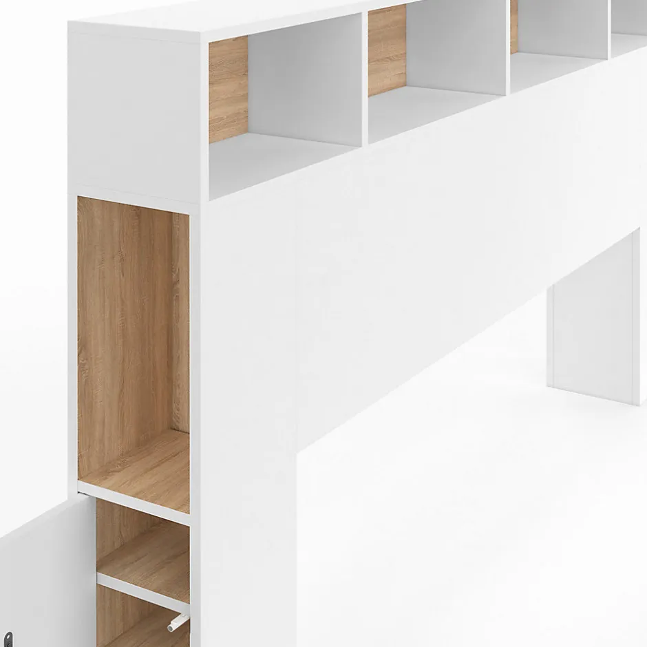 IDMarket Tête de lit sur pied CLEO 145 cm avec rangements fermés et niches blanc et façon hêtre