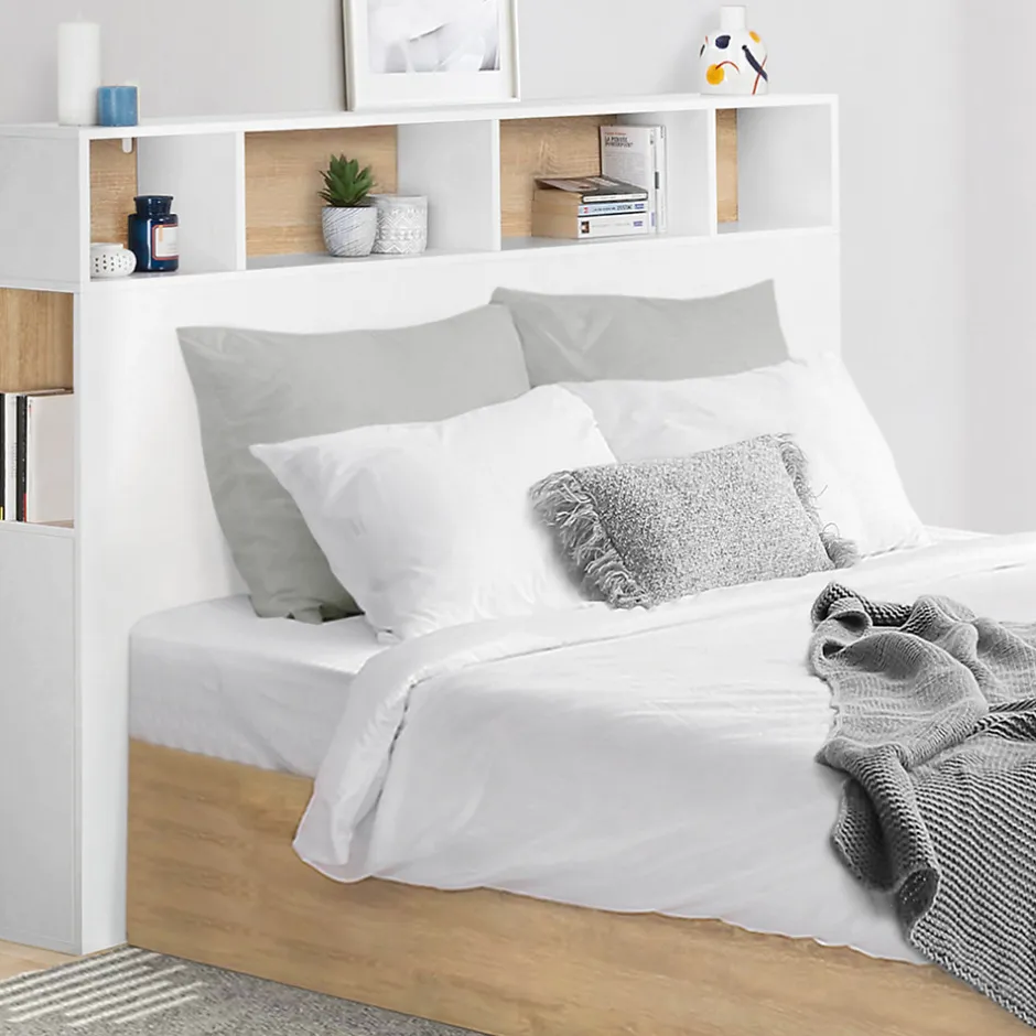 IDMarket Tête de lit sur pied CLEO 145 cm avec rangements fermés et niches blanc et façon hêtre