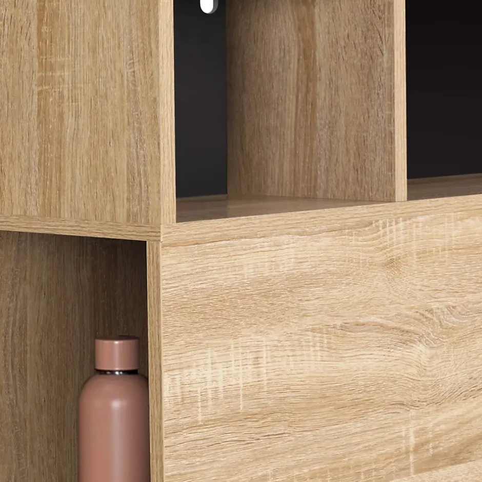 IDMarket Tête de lit sur pied CLEO 165 cm avec rangements fermés et niches façon hêtre et noir Hot
