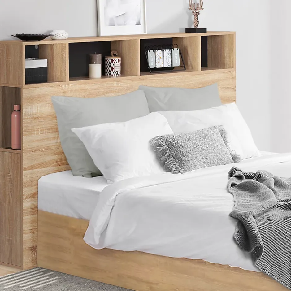 IDMarket Tête de lit sur pied CLEO 165 cm avec rangements fermés et niches façon hêtre et noir Hot