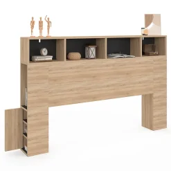 IDMarket Tête de lit sur pied CLEO 165 cm avec rangements fermés et niches façon hêtre et noir Hot