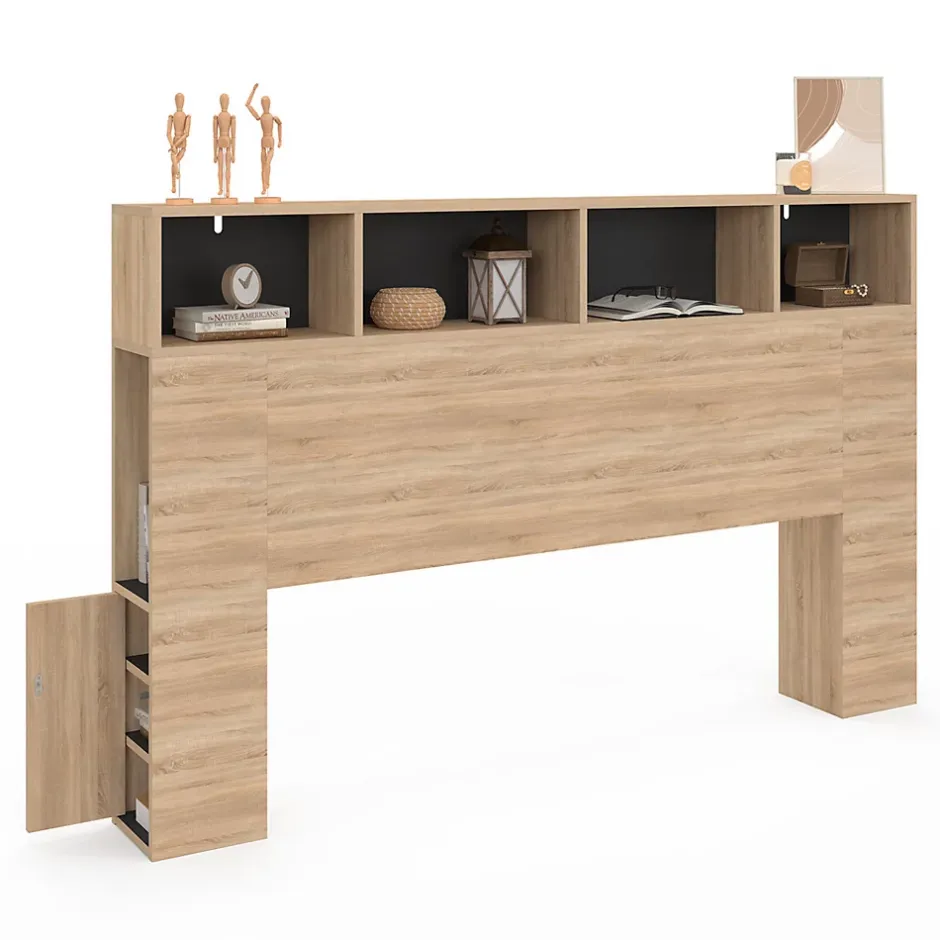 IDMarket Tête de lit sur pied CLEO 165 cm avec rangements fermés et niches façon hêtre et noir Hot