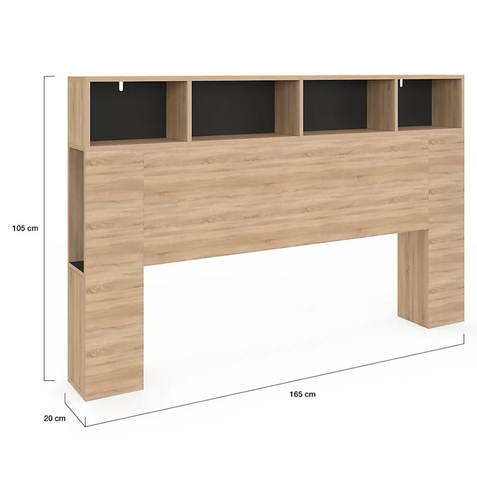 IDMarket Tête de lit sur pied CLEO 165 cm avec rangements fermés et niches façon hêtre et noir Hot