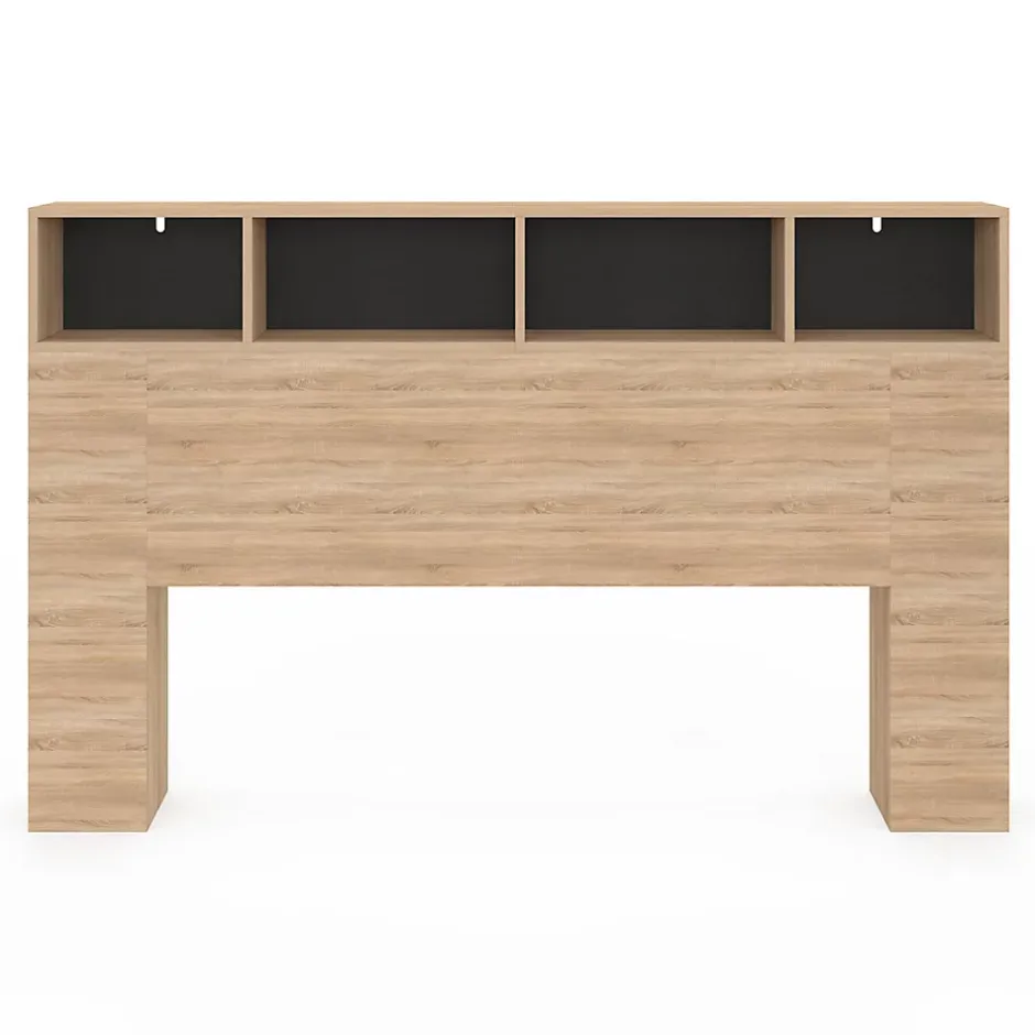 IDMarket Tête de lit sur pied CLEO 165 cm avec rangements fermés et niches façon hêtre et noir Hot
