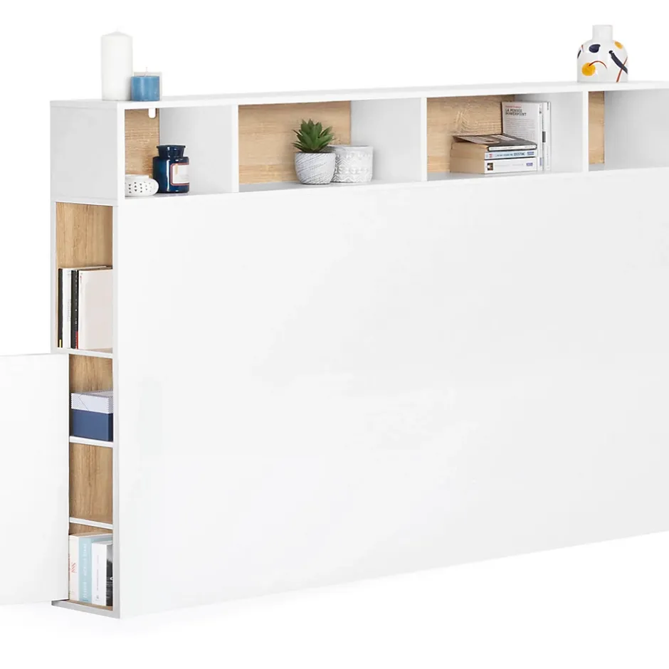 IDMarket Tête de lit sur pied CLEO 165 cm avec rangements fermés et niches blanc et façon hêtre Hot