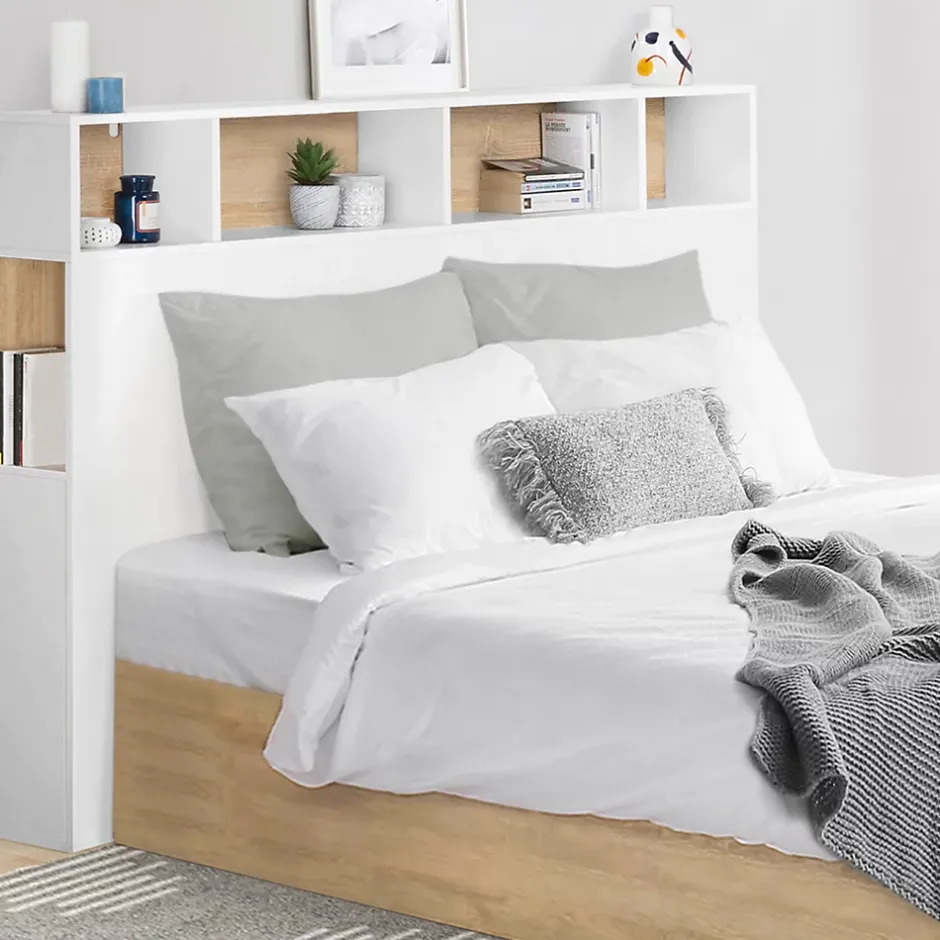 IDMarket Tête de lit sur pied CLEO 165 cm avec rangements fermés et niches blanc et façon hêtre Hot