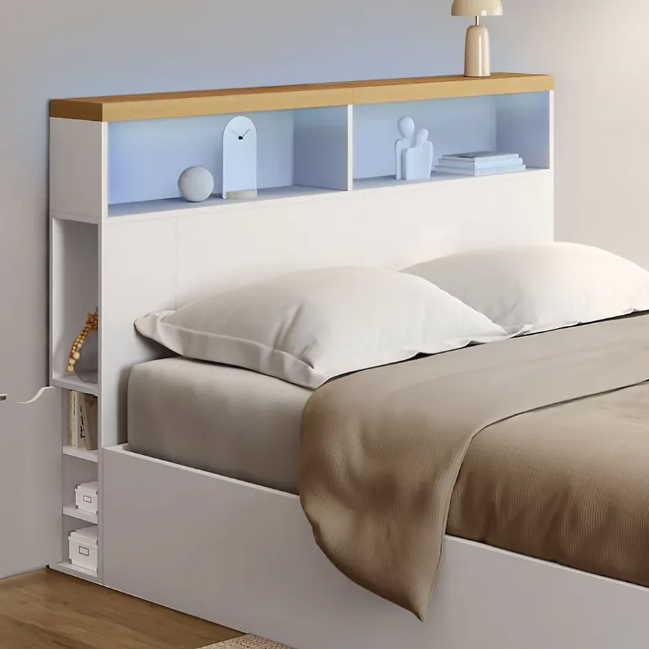 IDMarket Tête de lit sur pied LUNA à LEDS 145 cm avec rangements fermés et niches blanc et plateau effet bois Outlet