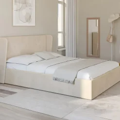 IDMarket Tête de lit sur pied LUNA à LEDS 145 cm avec rangements fermés et niches blanc et plateau effet bois Outlet