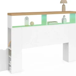 IDMarket Tête de lit sur pied LUNA à LEDS 145 cm avec rangements fermés et niches blanc et plateau effet bois Outlet