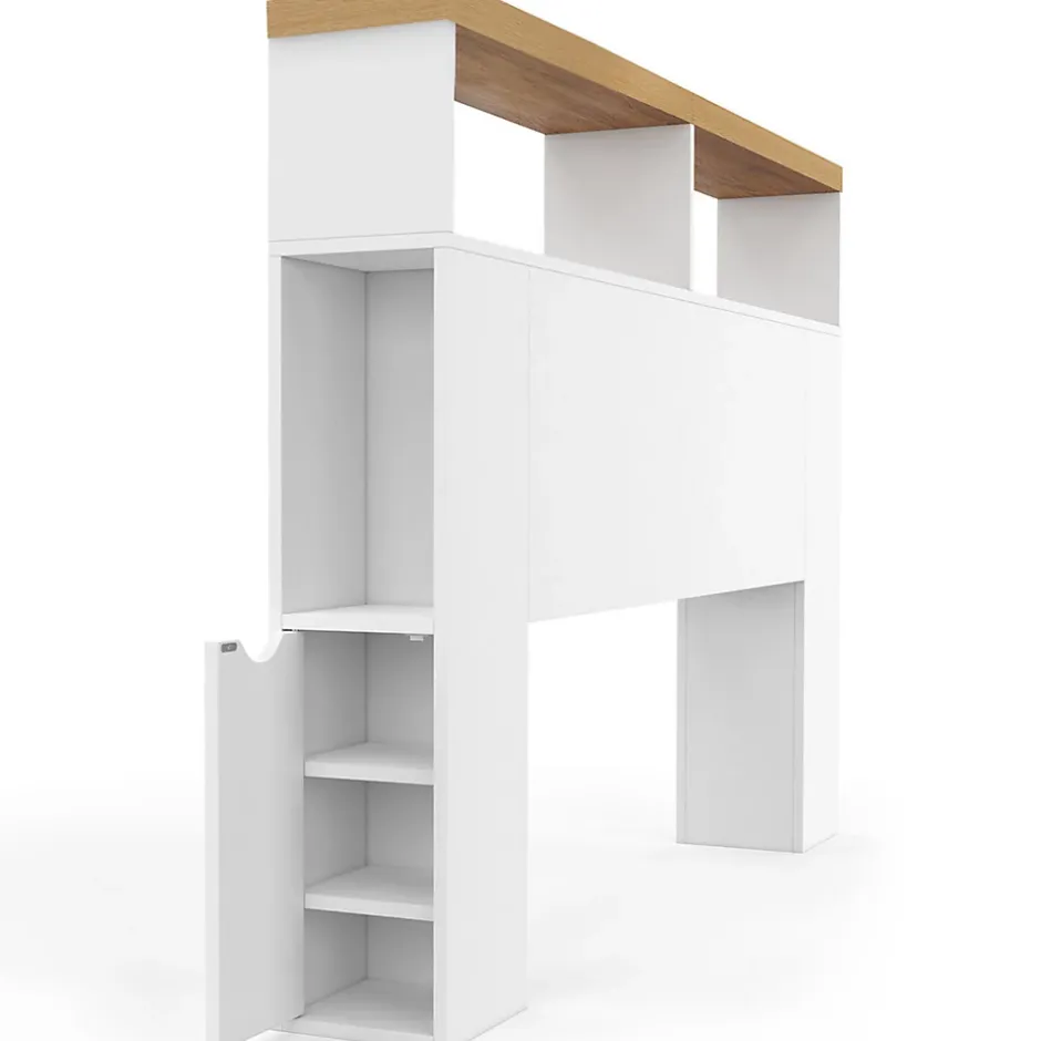 IDMarket Tête de lit sur pied LUNA à LEDS 145 cm avec rangements fermés et niches blanc et plateau effet bois Outlet